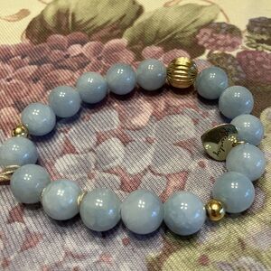 LIGHT BLUE ANGELITE WITH GOLD HEART AND SPACERS